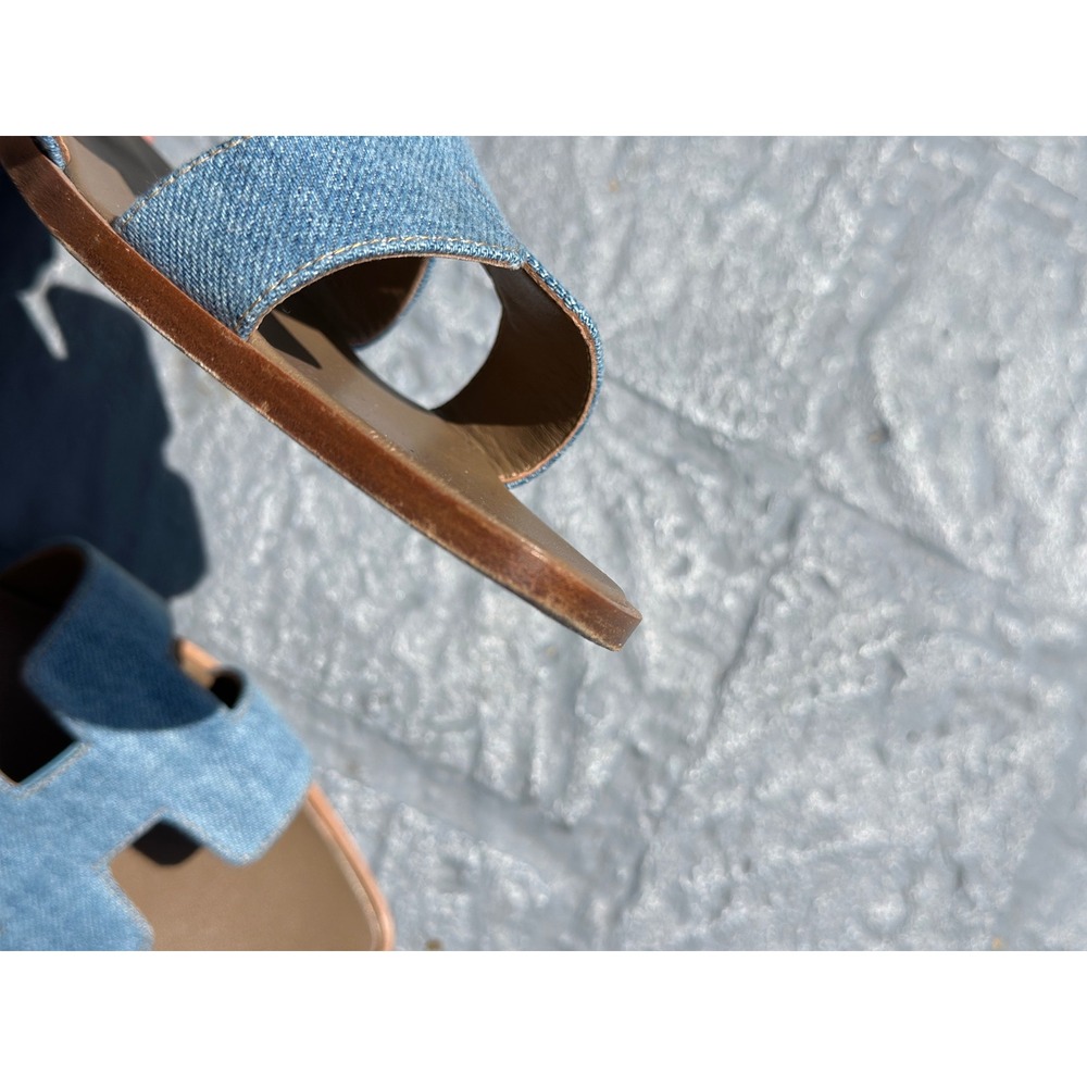 Hermes Oran Denim Sandals Blue denim Slides Size 39 Flat Shoes - Picture 10 of 11